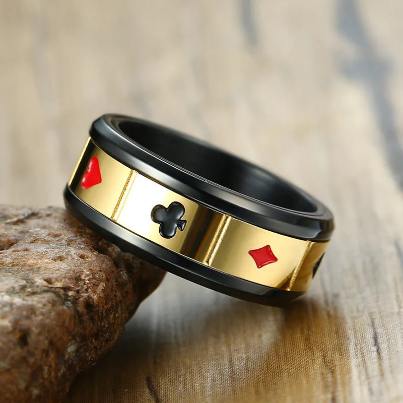 Vnox fortuna sorte dos homens anéis spinner sabedoria da paz amor charme jogar cartas las vegas masculino anillo rock acessório