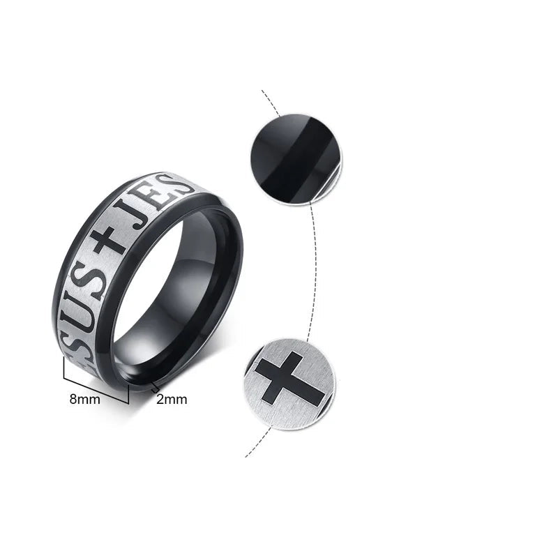 Vnox-anéis de aço inoxidável, 8mm, cruz de jesus, joias masculinas de oração, tamanho dos eua, 7 a 12