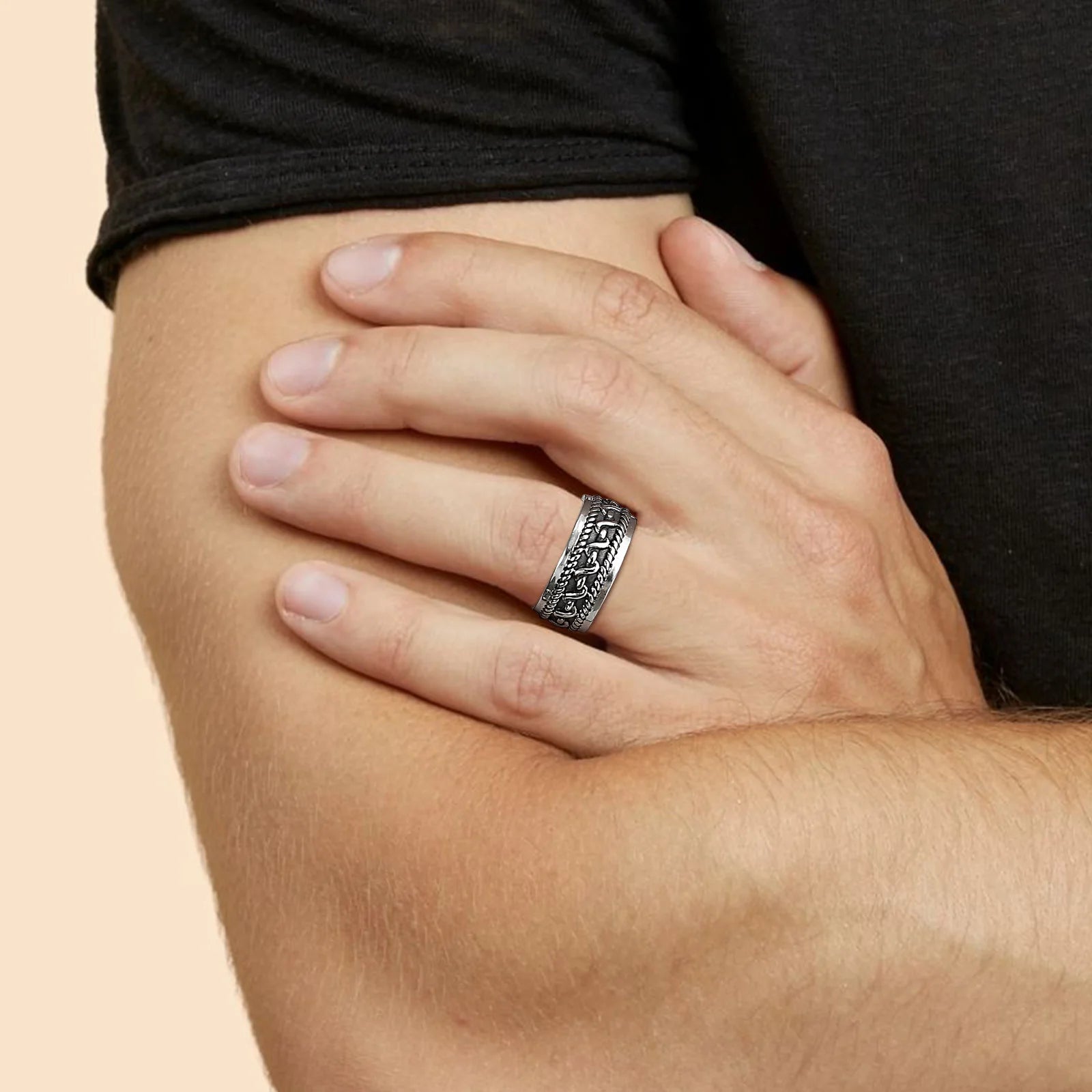 Anel de corda torcida em aço inoxidável para homens, anel padrão texturizado, design vintage, joias masculinas