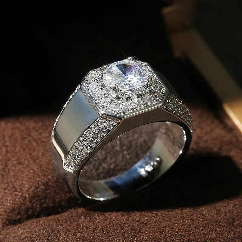Anel de casamento de prata esterlina 925 para homens, pedra de cristal AAA, brilhante nobre, noivado, festa do motor, selo