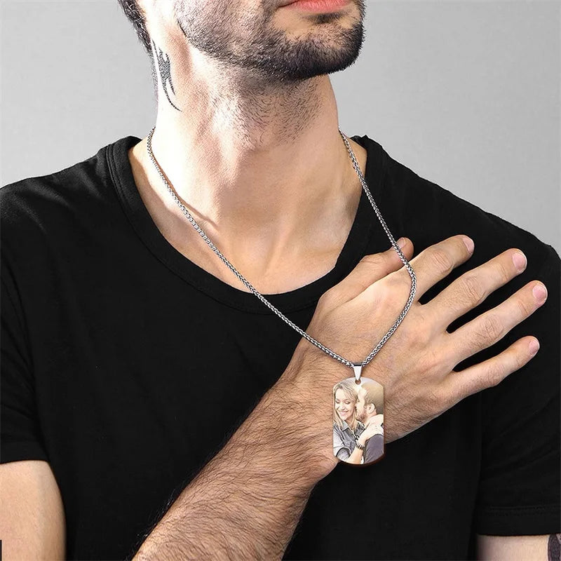 Colar de aço inoxidável personalizado para homens, foto colorida, imagem personalizada, texto gravado, data colares