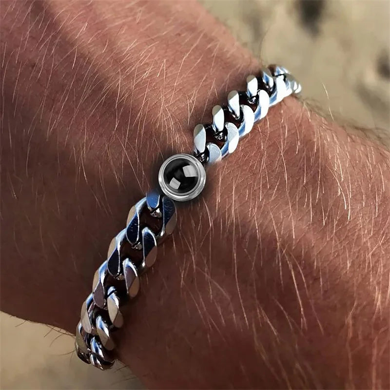 Pulseira personalizada com imagem interior para homens e mulheres, aço titânio corrente de ligação cubana, projeção foto personalizada