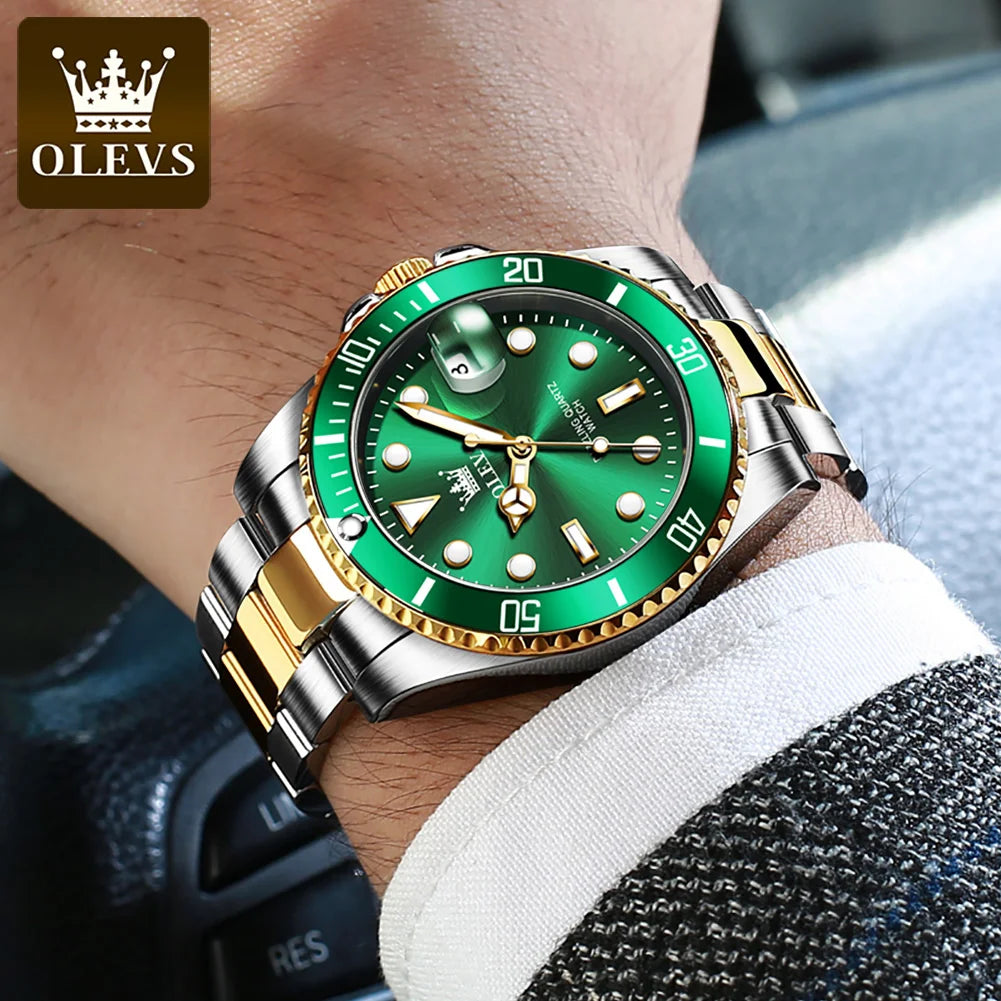 OLEVS-Relógio quartzo de aço inoxidável impermeável masculino, relógio de pulso verde luminoso, Top original, luxo