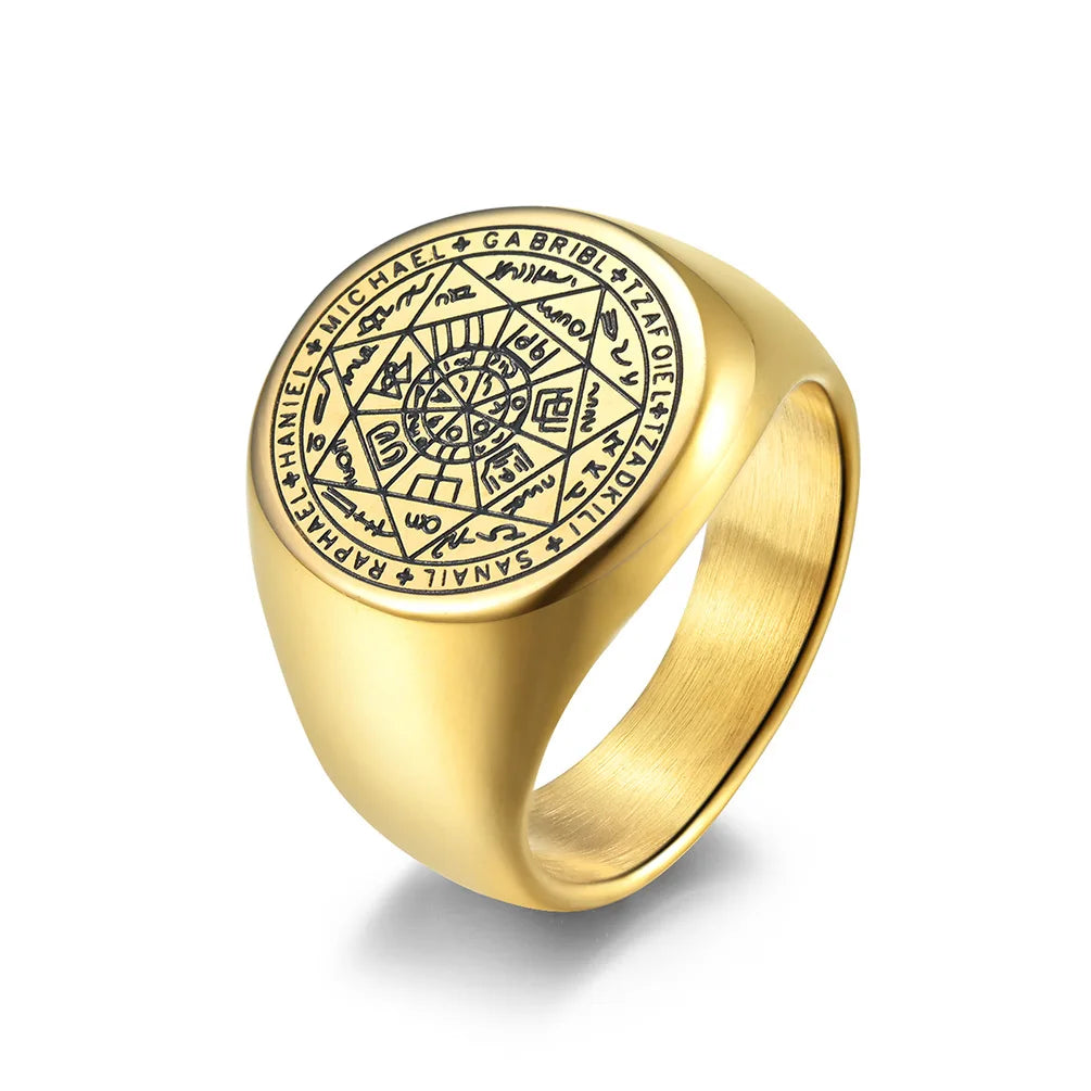 Anel de sinete de cabarat de aço inoxidável gótico solomon masculino misterioso estrela de sete pontas acessórios por atacado