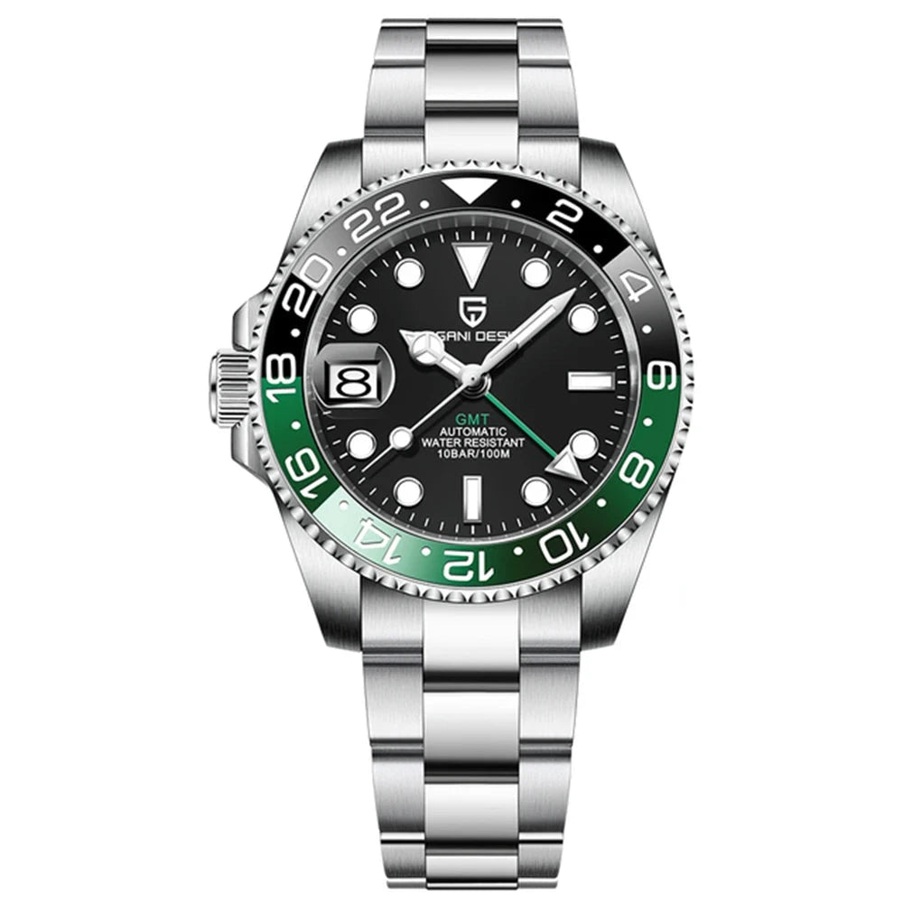Pagani design PD-1662 luxo gmt masculino relógio de pulso mecânico vidro safira aço inoxidável 100m à prova dwaterproof água relógios automáticos