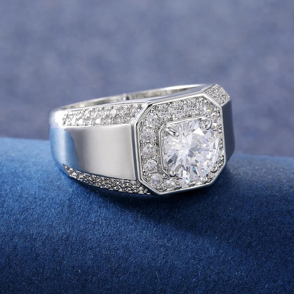 Anel de casamento de prata esterlina 925 para homens, pedra de cristal AAA, brilhante nobre, noivado, festa do motor, selo