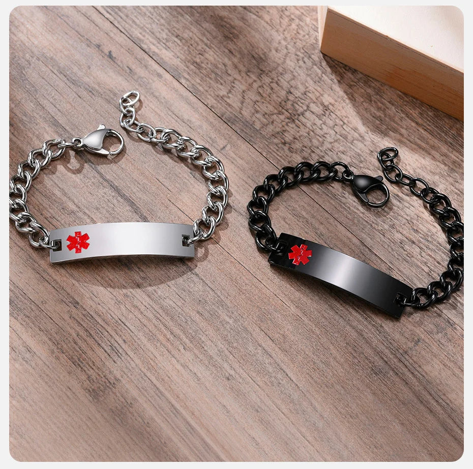 Vnox livre gravura pulseiras médicas para homem, 12mm preto haste de aço inoxidável asclepius cruz símbolo diabetes asma pulseira