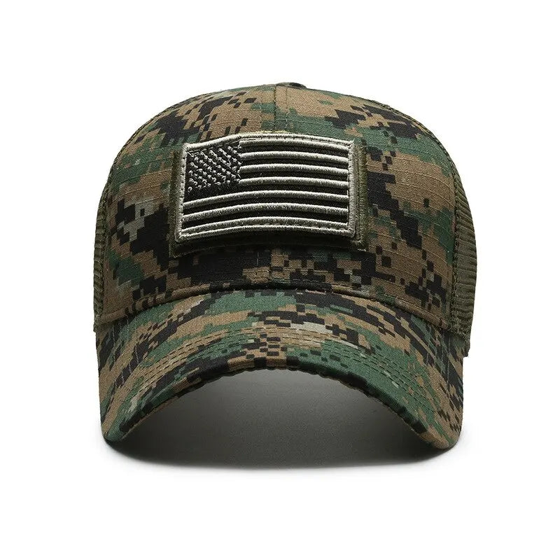 Bandeira americana camuflagem adesivo bordado Baseball Cap Net Hat Men Outdoor Velcro Cap