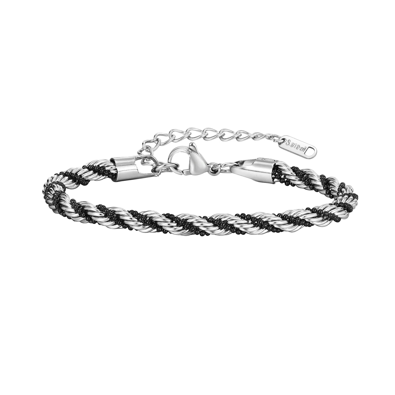 Vnox-Cor Prata Torcida Corda Cadeia Pulseiras para Homens e Mulheres, Unisex Contas Pretas, Link Cadeia Trança, 2 Tones Pulseira