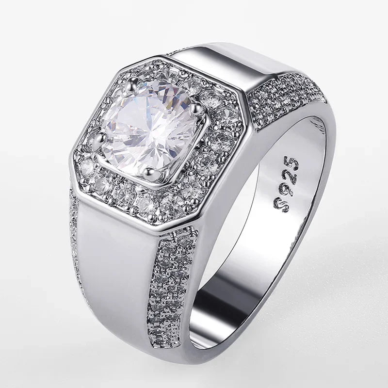 Anel de casamento de prata esterlina 925 para homens, pedra de cristal AAA, brilhante nobre, noivado, festa do motor, selo