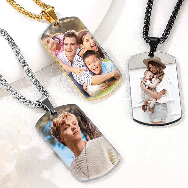Colar de aço inoxidável personalizado para homens, foto colorida, imagem personalizada, texto gravado, data colares