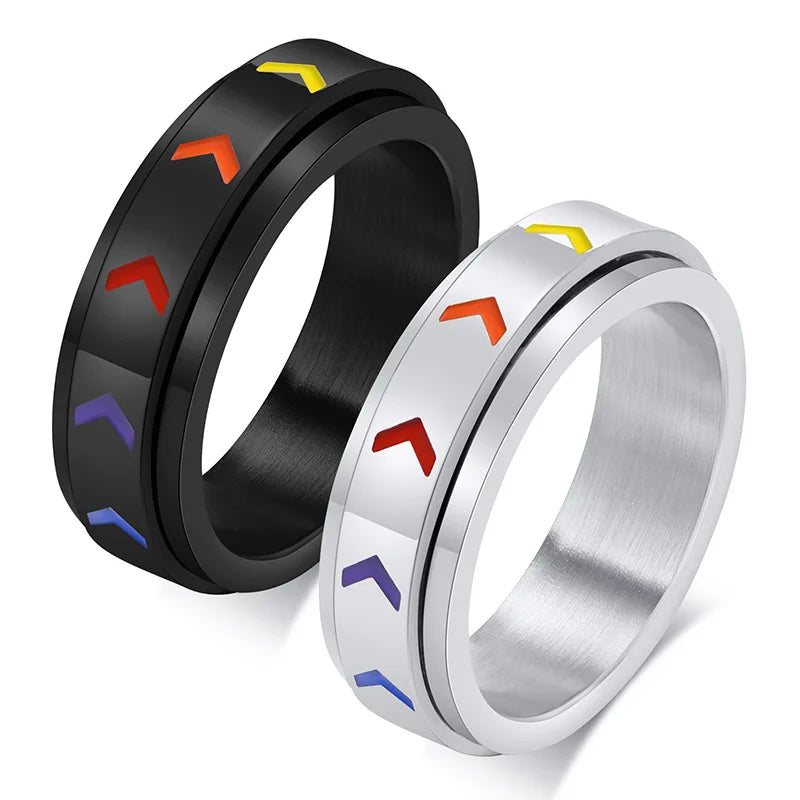 Anéis de orgulho arco-íris em aço inoxidável para homens e mulheres, Spinner elegante, bandas de noivado de casamento