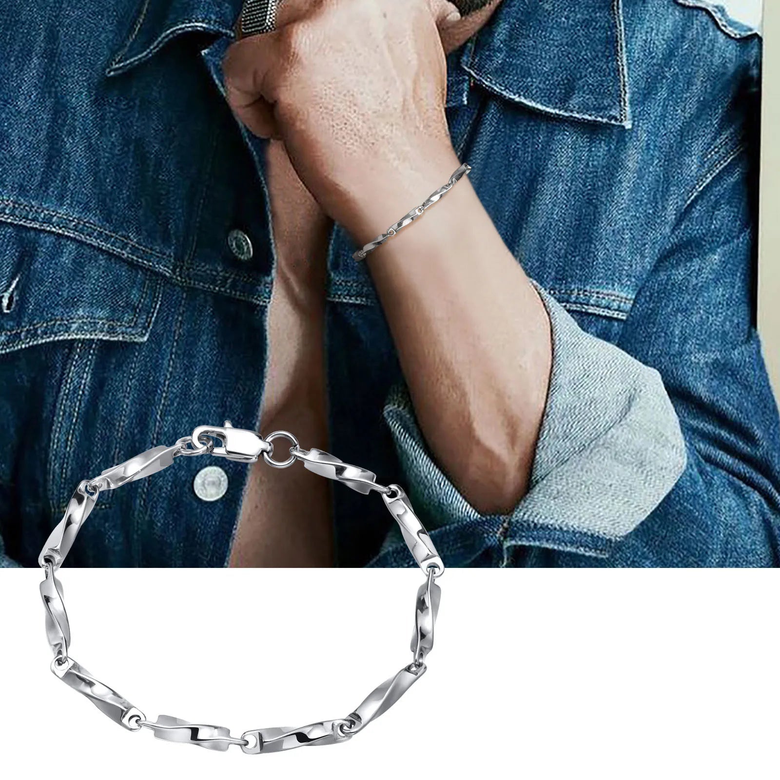 Vnox-Aço Inoxidável Torcido Pulseiras Corrente para Homens, Mobius Links Pulseira, Geométrica Simples Jóias Básicas Masculinas, 4mm