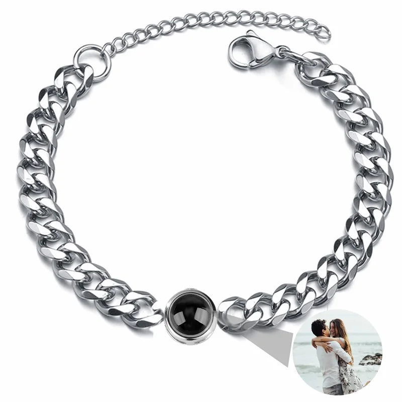 Pulseira personalizada com imagem interior para homens e mulheres, aço titânio corrente de ligação cubana, projeção foto personalizada