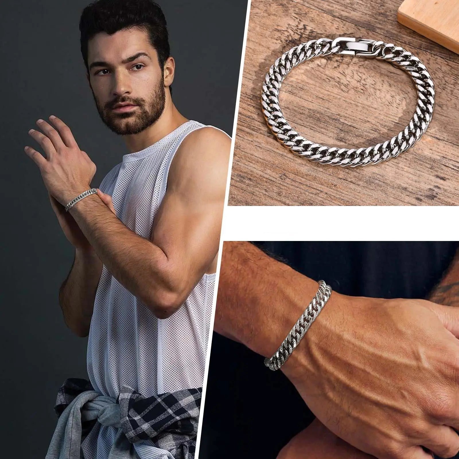 Vnox-Corrente de Aço Inoxidável Masculina, Pulseiras Miami Cubanas, Presentes Meninos, Jóias, Comprimento 8mm, 19cm, 21,5 cm