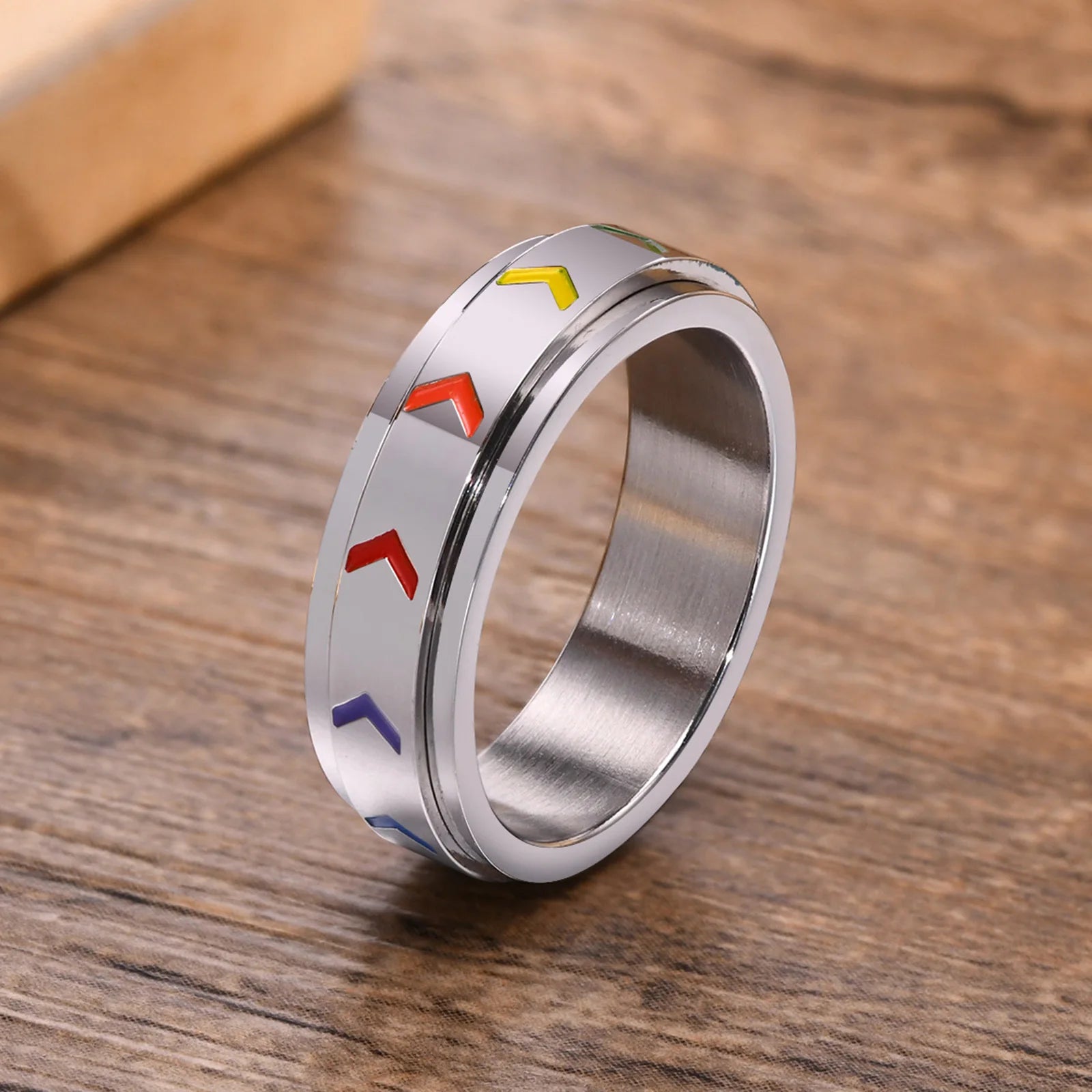 Anéis de orgulho arco-íris em aço inoxidável para homens e mulheres, Spinner elegante, bandas de noivado de casamento