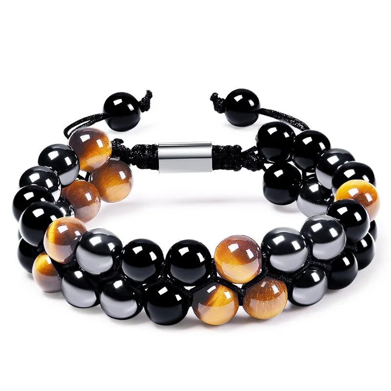 Pulseira Proteção Tripla para Homens e Mulheres, Olho de Tigre, Obsidiana Negra, Hematita, Pulseira de Cristal Curativa, Contas 8mm