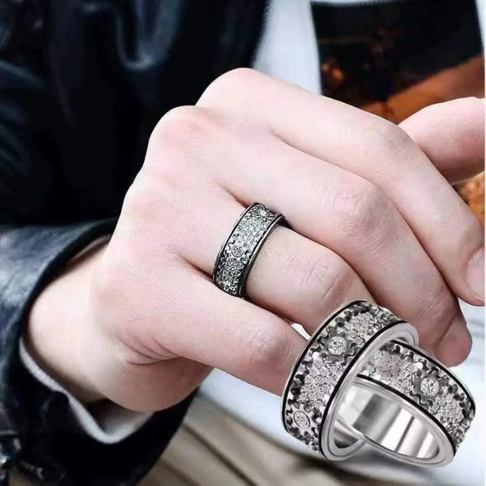 Handmade Diamante Ornamentado Geométrica 3D Banda Anel Engrenagem Spinner Anéis Rotativo de Descompressão Mecânica Anel de Ansiedade para Homens e Mulheres