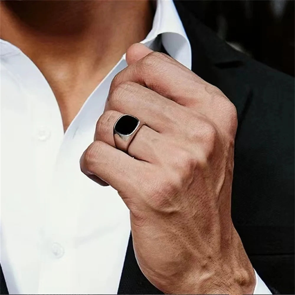 Drop Glaze Square Alloy Ring para homens, preto simples, moda festa, acessórios de jóias, presente