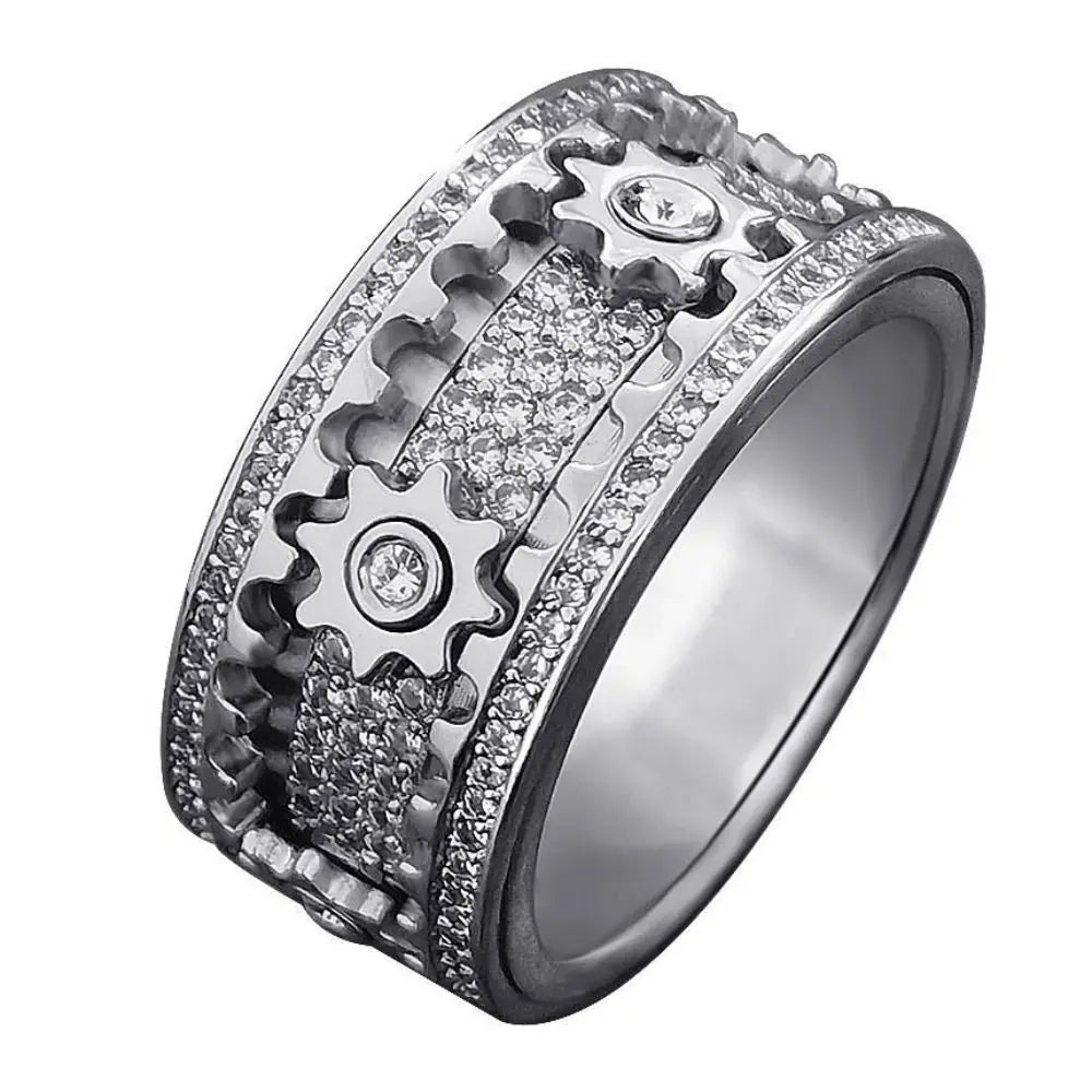 Handmade Diamante Ornamentado Geométrica 3D Banda Anel Engrenagem Spinner Anéis Rotativo de Descompressão Mecânica Anel de Ansiedade para Homens e Mulheres
