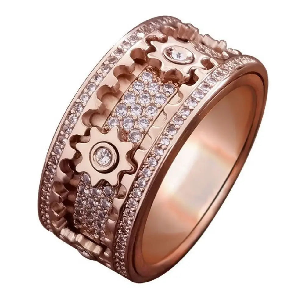 Handmade Diamante Ornamentado Geométrica 3D Banda Anel Engrenagem Spinner Anéis Rotativo de Descompressão Mecânica Anel de Ansiedade para Homens e Mulheres