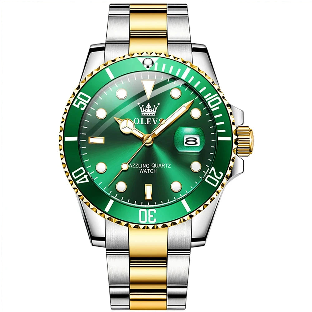 OLEVS-Relógio quartzo de aço inoxidável impermeável masculino, relógio de pulso verde luminoso, Top original, luxo