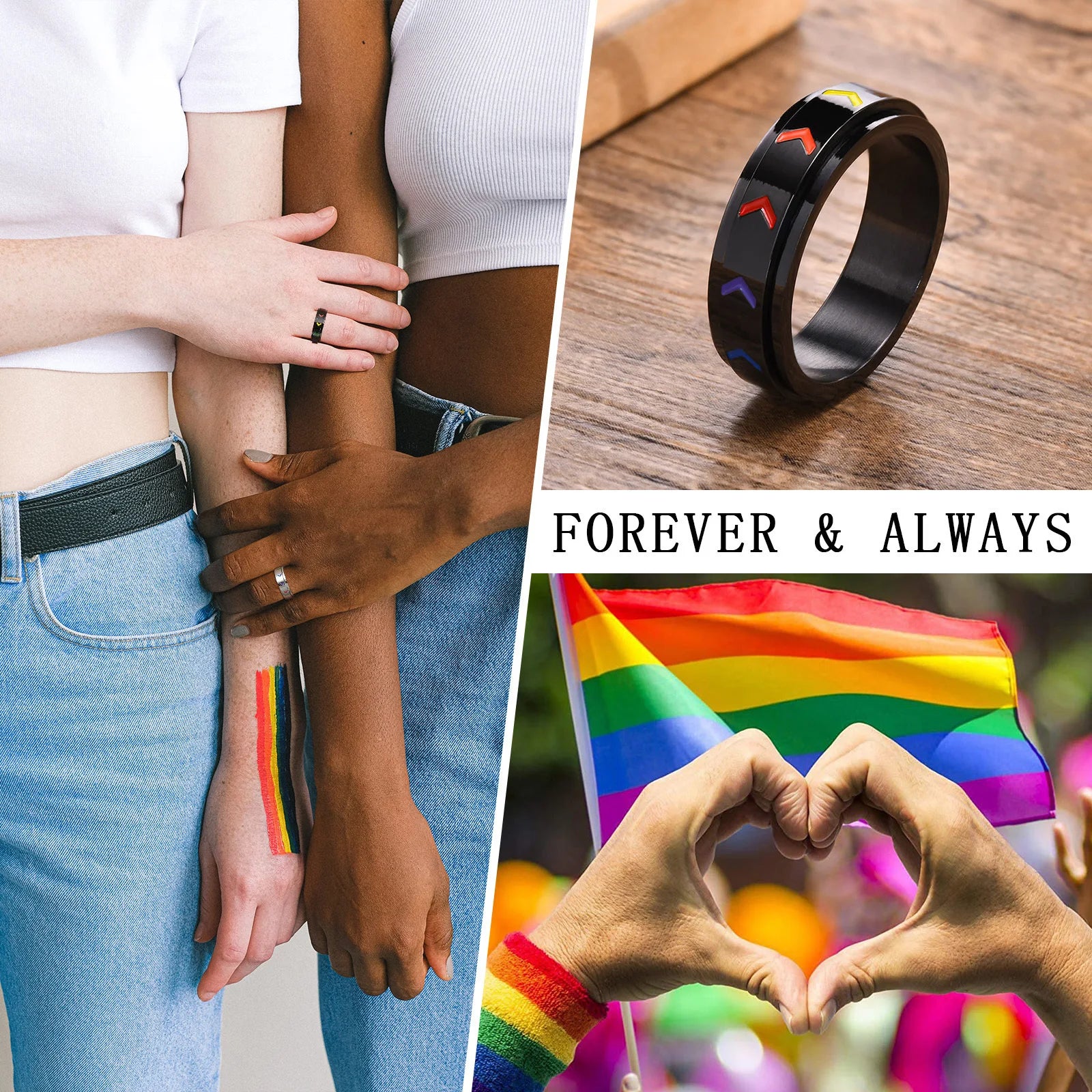 Anéis de orgulho arco-íris em aço inoxidável para homens e mulheres, Spinner elegante, bandas de noivado de casamento