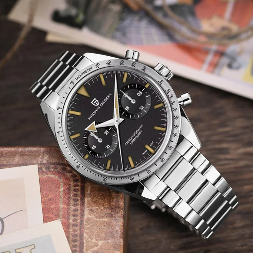 Pagani design 2023 relógios masculinos lua relógio de quartzo velocidade esporte à prova dwaterproof água cronógrafo ar safira vk64 aço retro luminoso