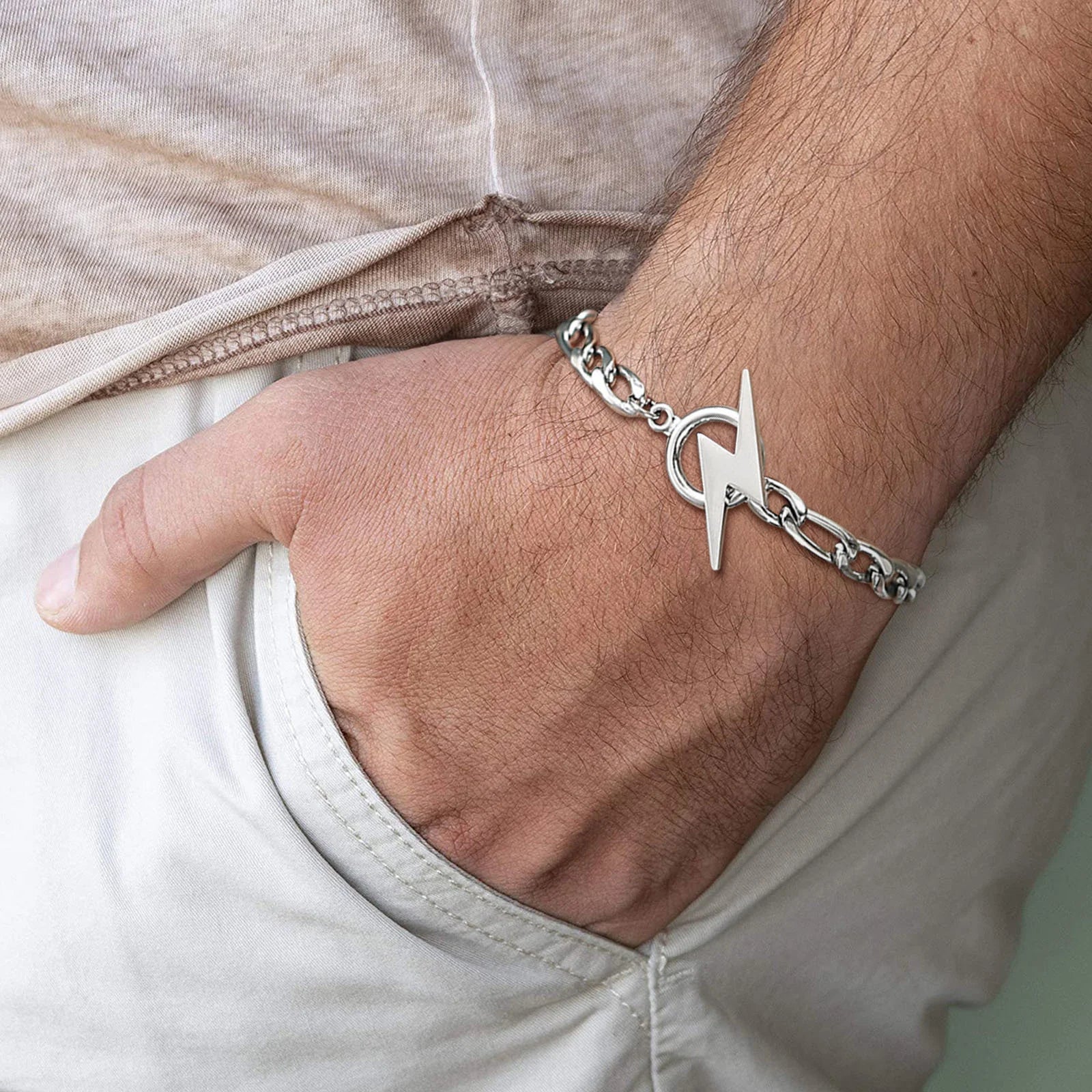 Vnox elegante relâmpago charme pulseiras para homem, simples 5mm de largura aço inoxidável figaro corrente masculino pulseira jóias