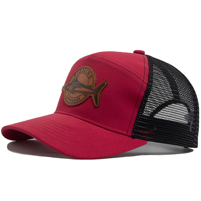 Boné de beisebol masculino com etiqueta de couro, viseira unissex, estilo hip-hop, boné camionista casual, malha, 7 painéis, moda verão, tubarão