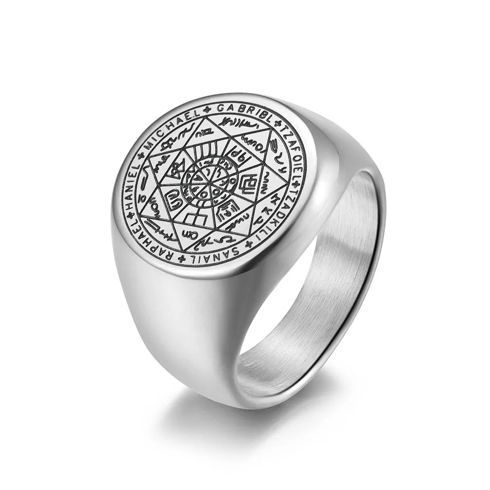 Anel de sinete de cabarat de aço inoxidável gótico solomon masculino misterioso estrela de sete pontas acessórios por atacado