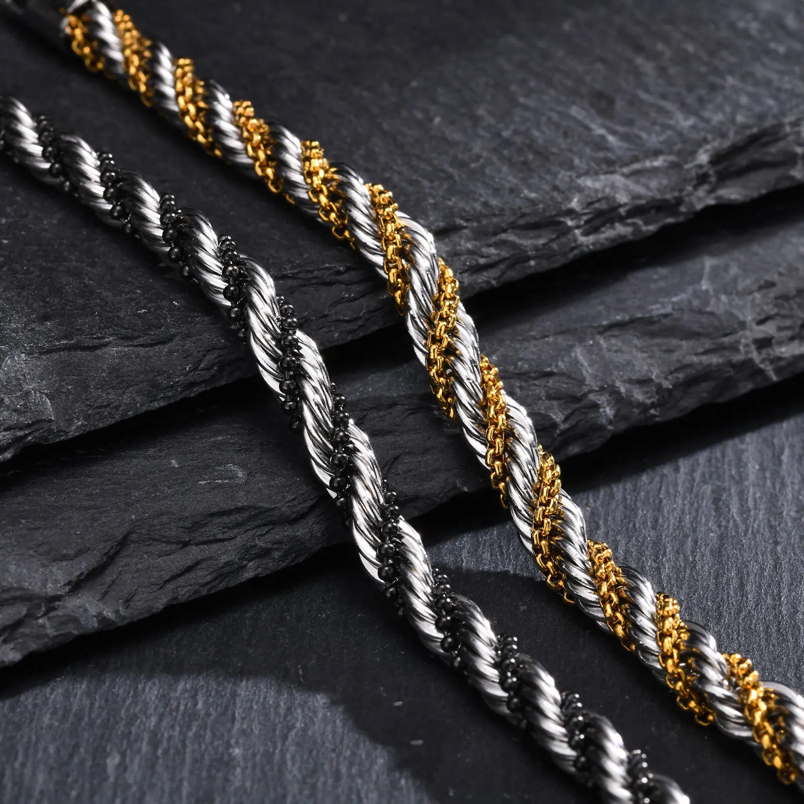 Vnox-Cor Prata Torcida Corda Cadeia Pulseiras para Homens e Mulheres, Unisex Contas Pretas, Link Cadeia Trança, 2 Tones Pulseira