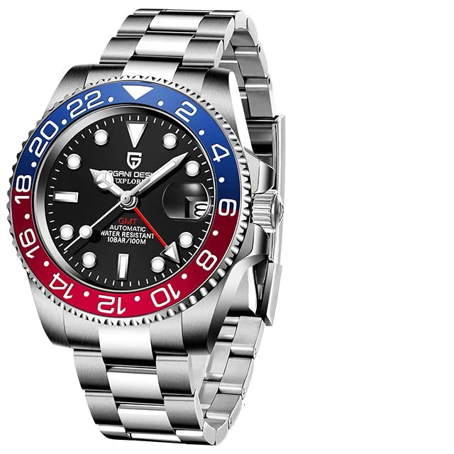 Pagani design PD-1662 luxo gmt masculino relógio de pulso mecânico vidro safira aço inoxidável 100m à prova dwaterproof água relógios automáticos