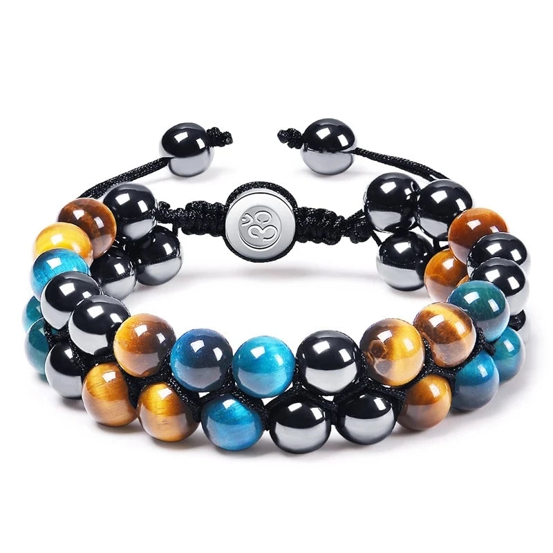 Pulseira Proteção Tripla para Homens e Mulheres, Olho de Tigre, Obsidiana Negra, Hematita, Pulseira de Cristal Curativa, Contas 8mm