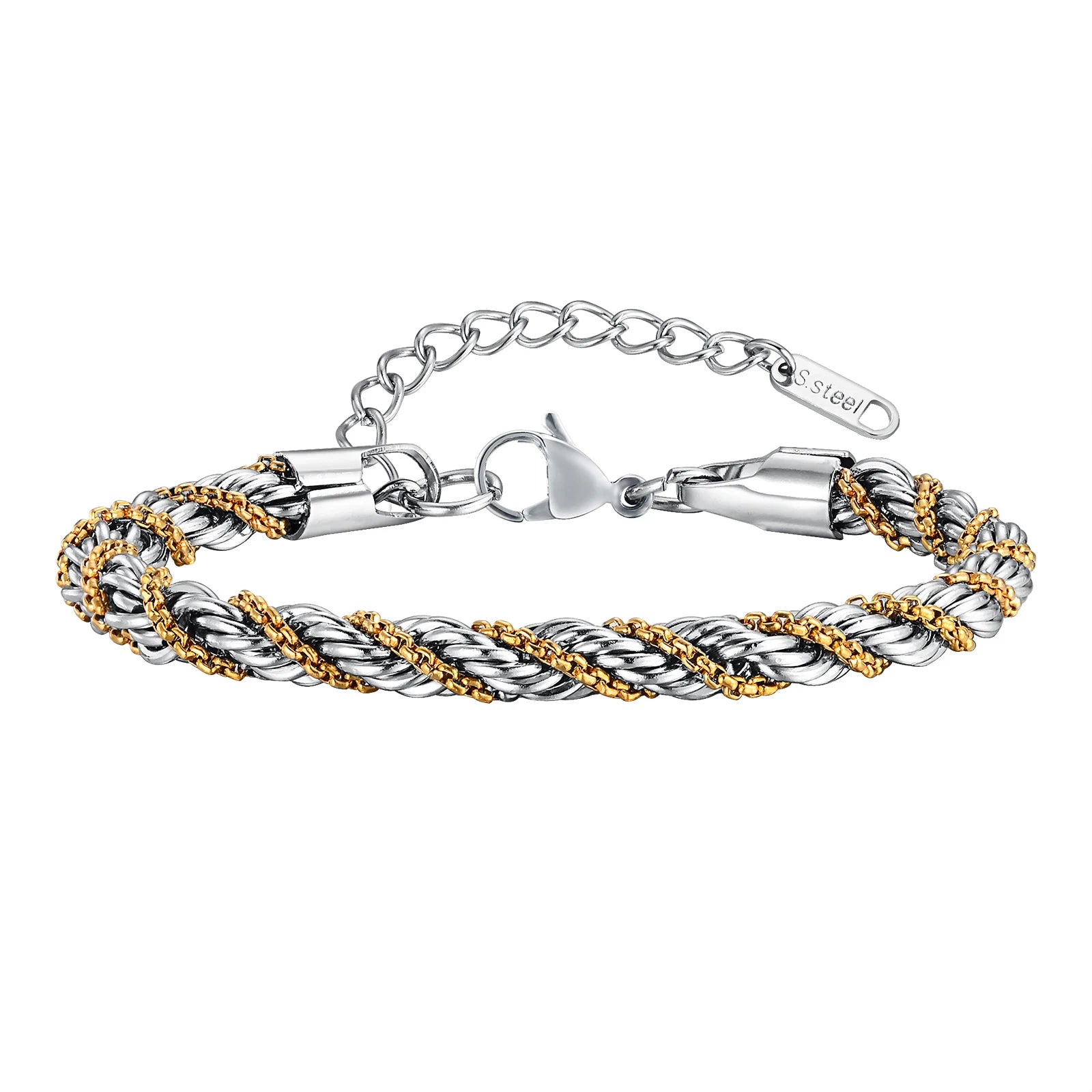 Vnox-Cor Prata Torcida Corda Cadeia Pulseiras para Homens e Mulheres, Unisex Contas Pretas, Link Cadeia Trança, 2 Tones Pulseira