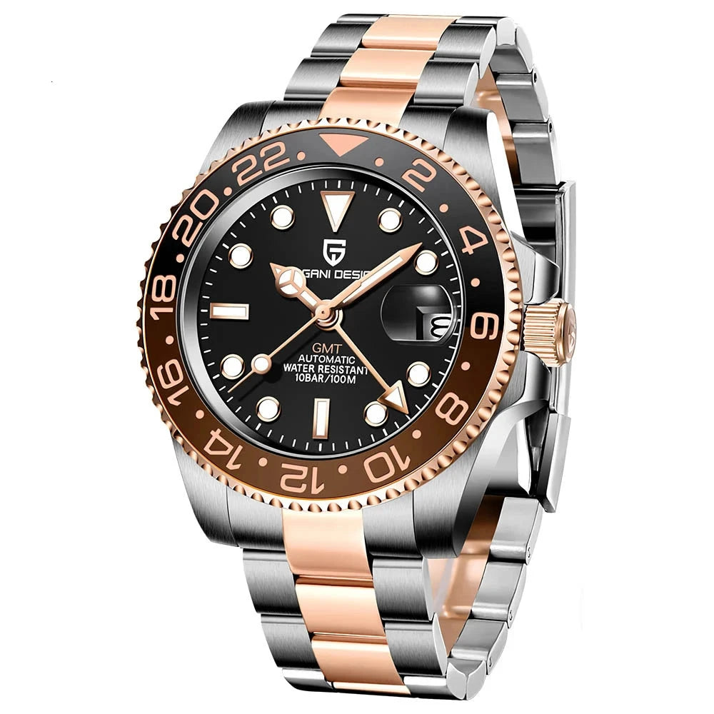 Pagani design PD-1662 luxo gmt masculino relógio de pulso mecânico vidro safira aço inoxidável 100m à prova dwaterproof água relógios automáticos