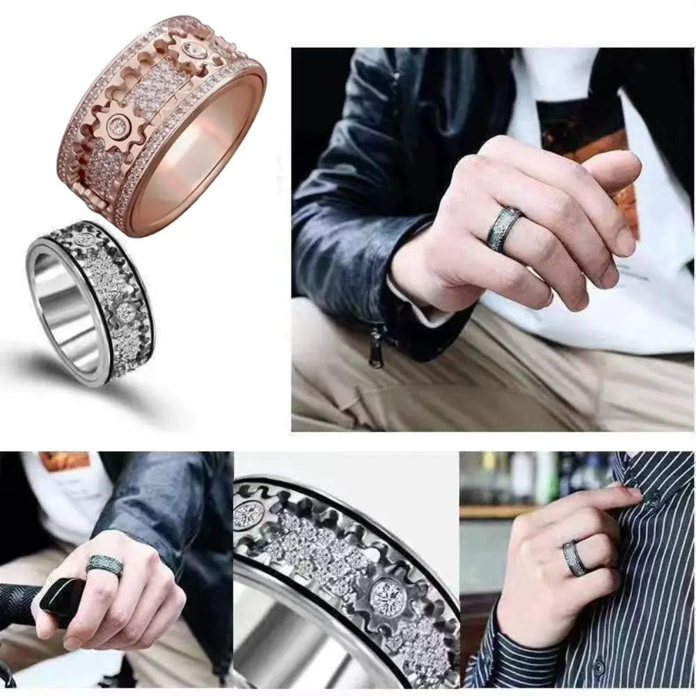 Handmade Diamante Ornamentado Geométrica 3D Banda Anel Engrenagem Spinner Anéis Rotativo de Descompressão Mecânica Anel de Ansiedade para Homens e Mulheres
