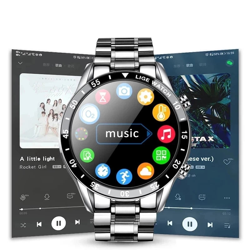 LIGE-Luxo Full Circle Touch Screen Smart Watch para Homens, Bluetooth Call, Faixa de Aço, Impermeável, Esportes, Fitness, Android, iOS