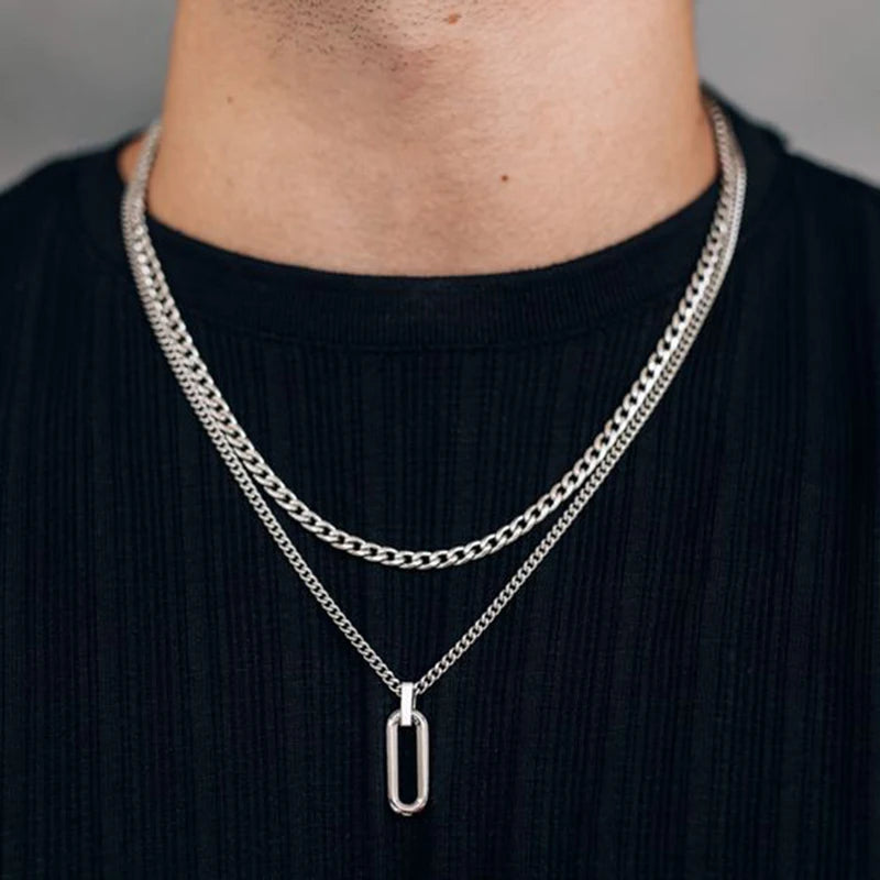 Colares de camadas Vnox para homens, pingente de barra oca geométrica de aço inoxidável com corrente de corda de caixa, joias de moda empilhadas