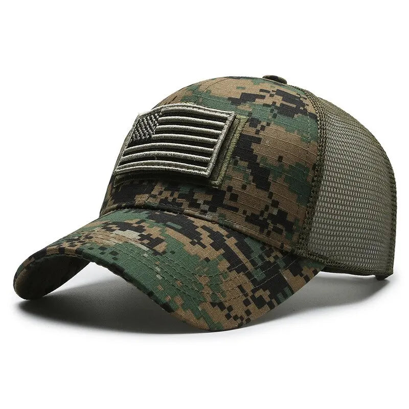 Bandeira americana camuflagem adesivo bordado Baseball Cap Net Hat Men Outdoor Velcro Cap