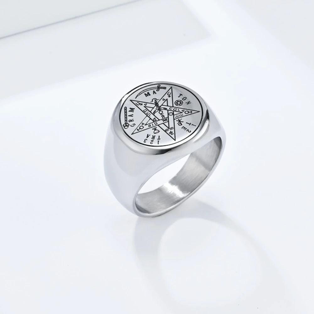 Anel Pentáculo de Aço Inoxidável para Homens, Tetragrammaton Judaico, Pentagrama Hebraico, Proteção De Poder De Bruxaria, Amuleto Jóias