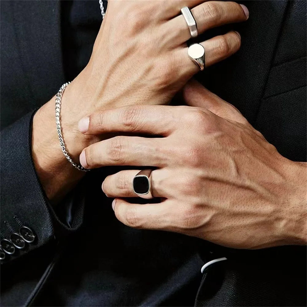Drop Glaze Square Alloy Ring para homens, preto simples, moda festa, acessórios de jóias, presente