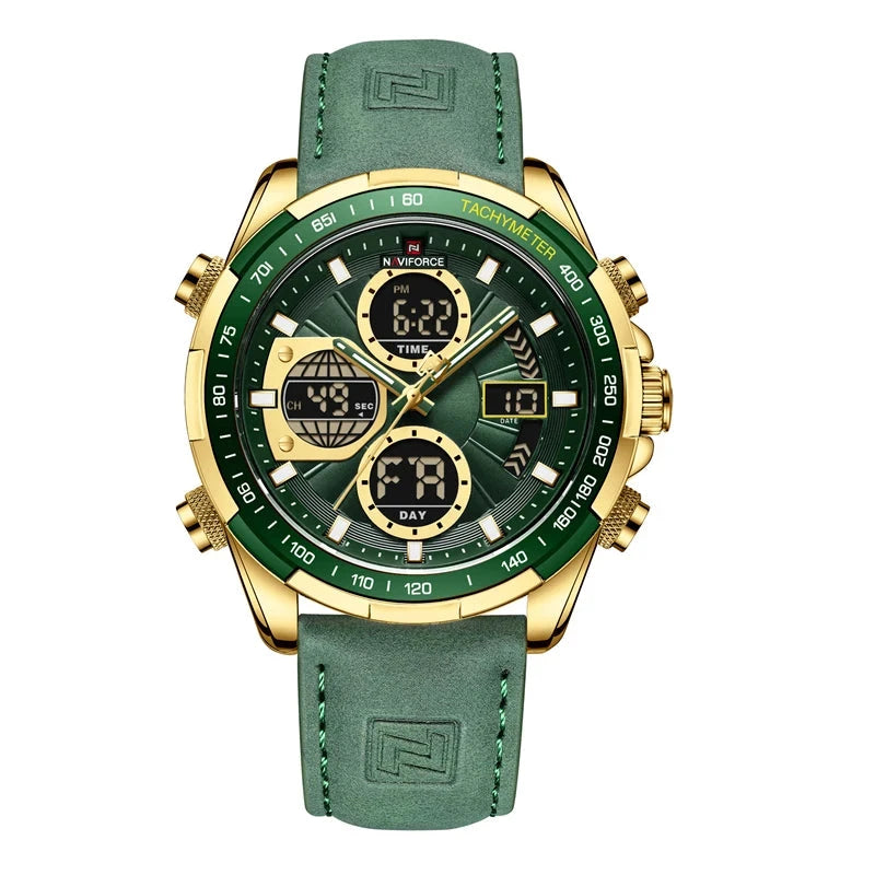 NAVIFORCE-Relógio de quartzo de couro impermeável masculino, Dual Display, Militar, Esporte, Cronógrafo, Relógio, Novo