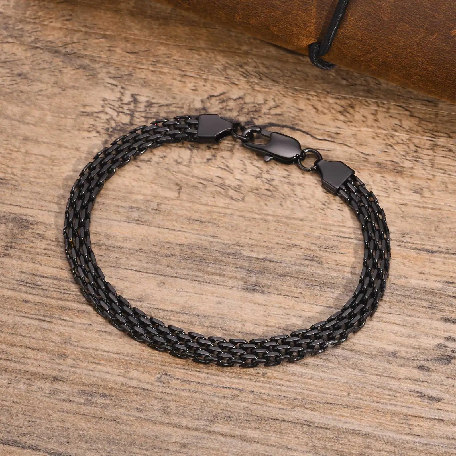 Vnox-Leves pulseiras cadeia para homens e mulheres, malha links cadeia pulseira, delicadas jóias simples, preto e cor do ouro, unisex, 6mm